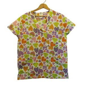 Body Couture Women's Size S Cotton Blend Heart Print Short Sleeve Scrub Top
